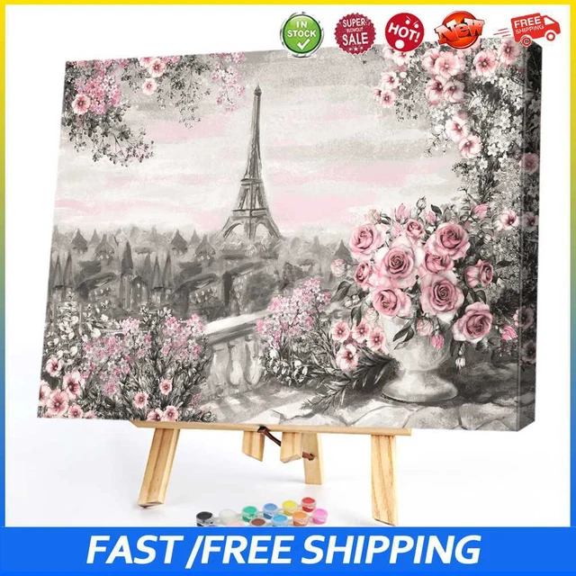 #b 50x40cm Colorido Hágalo usted mismo Pintura por Números Kit Torre de Hierro Flores Rosa Decoración Arte G