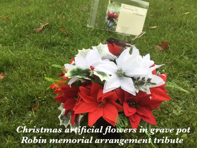 Xmas Artificial Flowers Grave Pot Weighted Robin Memorial Arrangement Graveside