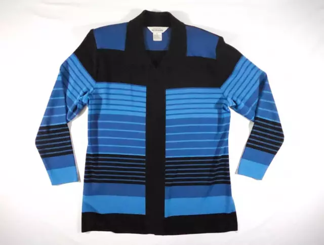 Exclusively Misook Open Front Cardigan Jacket Womens Large Black Blue Striped