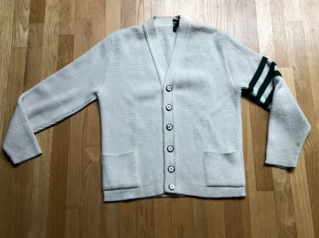 Vintage 70s Button Cardigan Ivory Sweater Medium Green Stripe Grunge Prep Look