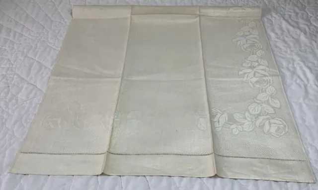 Vintage Antique Show Towel, Antique White, Linen, Woven Floral Design