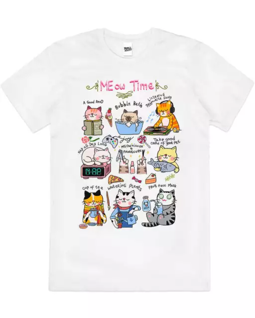 Meow Time Funny Cats Cute Sketch Pet Cotton T-Shirt Unisex Tee White Size M