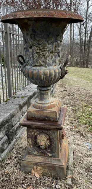 pair cast iron urns with stands heavy antique style huge Garden Lawn Pool Estate