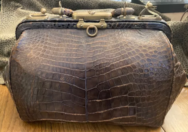 Fabulous Antique Brown Alligator Doctor's Bag with Brass Hardware