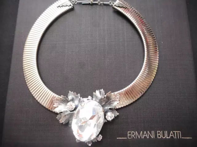 Vintage Signed Ermani Bulatti Art Deco Old Silver Collar Necklace Floral Design