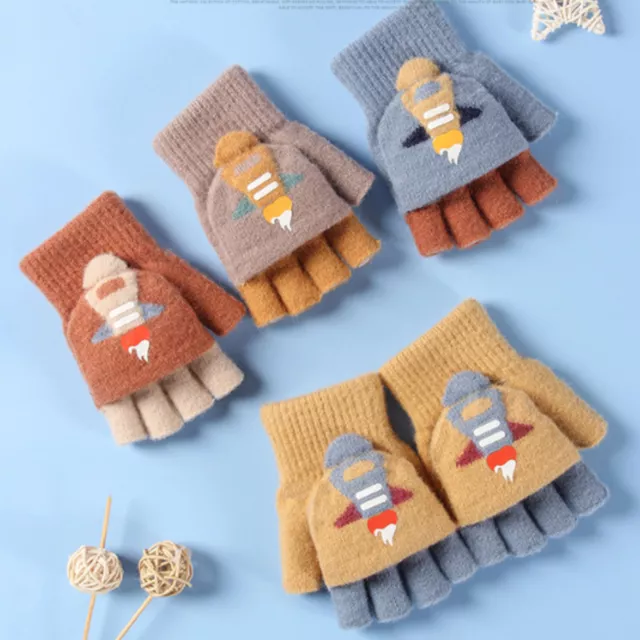 Kids Winter Warm Half-Finger Gloves Knitted Plush Soft Flip Fingerless Mittens