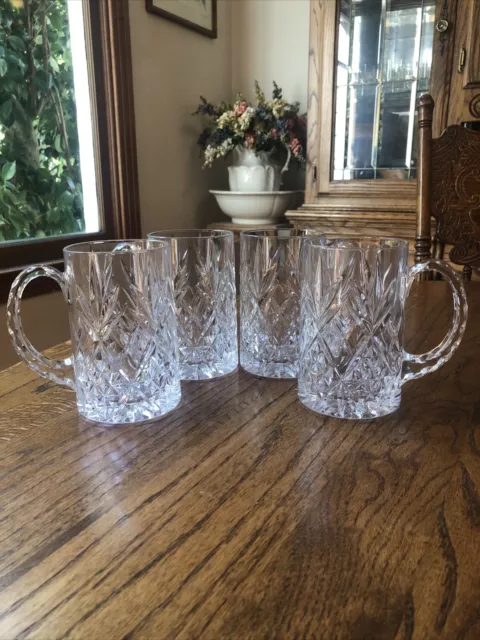 Handcrafted Clear Scalloped Handle Cut Lead Heavy Crystal Beer Mugs Set Of 4