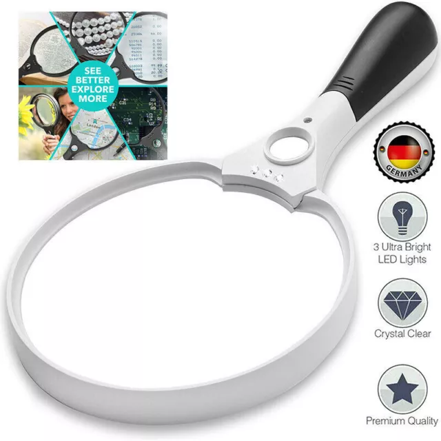 25X Extra Large Strong Magnifying Glass 3 Bright LED Zoom Hand Held Lightweight