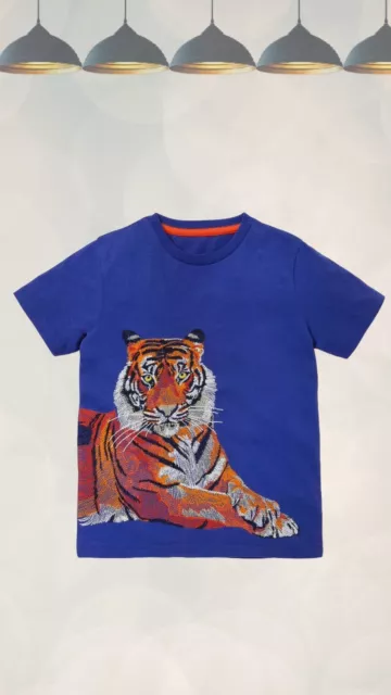 Ex Mini Boden Boy's Short Sleeve Superstitch T-shirt in Blue Wave Tiger