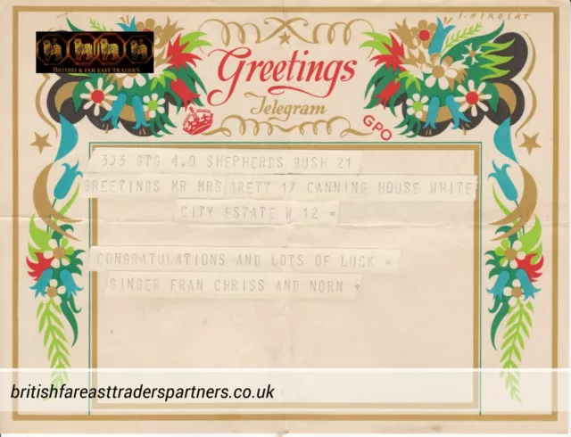 VINTAGE 1951 UK General Post Office (GPO) COLLECTABLE Greetings TELEGRAM CARD