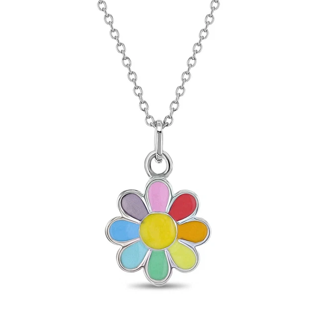925 Sterling Silver Multicolor Daisy Flower Pendant Necklace for Girls 16"