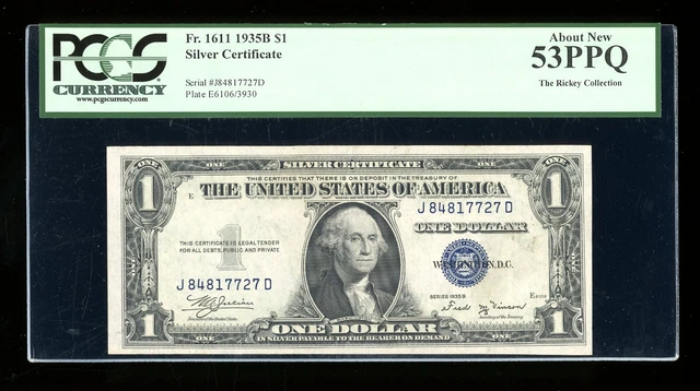DBR $1 1935-B Silver Vinson JD Block Fr. 1611 PCGS 53 PPQ Serial J84817727D