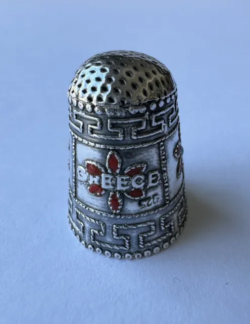 Vintage Sterling Silver Thimble Greece Floral Red Blue Excellent
