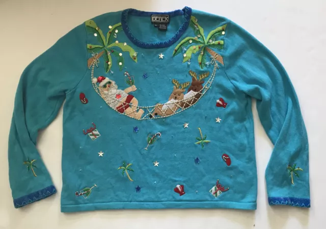 Berek Tropical Christmas Embellished Sweater Xl Palm Trees, Crab, Flip Flop
