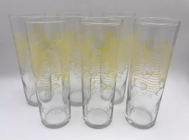 Set Of 6 Vintage Tall Bacardi Limon Rum Lemon Design Glasses 7”