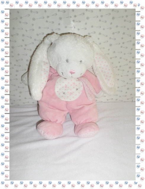⑦ - Doudou Peluche Lapin Blanc Rose Blanc Etoiles  Tex Baby