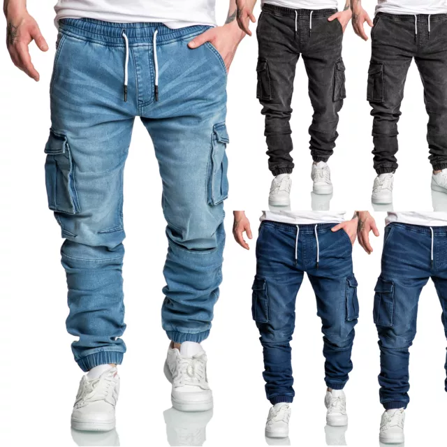 Herren Sweathose in Stretch Denim Männer Cargo Jogging Jeans 7024