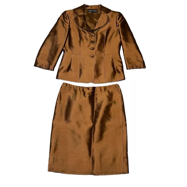 Albert Nipon Wool Silk 2PC Vintage Golden Copper Satin Blazer Skirt Suit Size 2