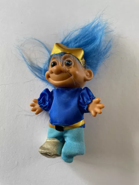 Vintage 1990s RUSS Troll Doll Blue Haired Prince Royalty Gold Crown Missing Shoe