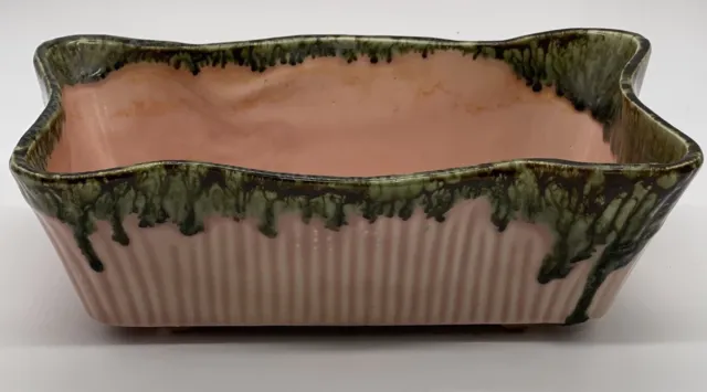 Vintage MCM Pink Pottery Planter Green Drip Glaze Ribbed Siding