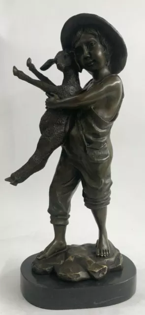 Hand Made Signed original Miguel Lopez (Milo) boy and Lam Bronze Statue Figure