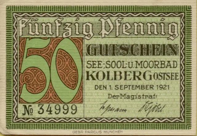4741: Banknote Notgeld Gutschein 50 Pfennig Kolberg Ostsee Pommern 1921