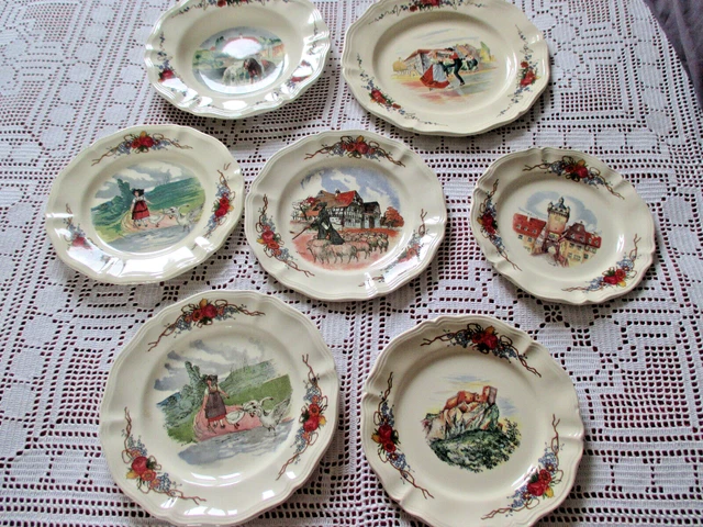 7 ASSIETTES OBERNAI FAIENCE DE SARREGUEMINES, Henri LOUX, différents décors