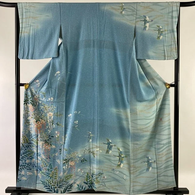 Woman Japanese Kimono Houmongi Silk Flowers Wisteria Bird Light Blue