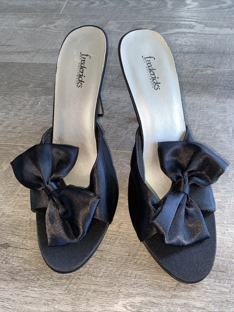 FREDERICKS OF HOLLYWOOD Black Satin Bow Pump Slipper SIZE 10 New