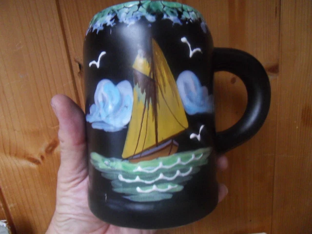 Chope a biere Faience DESVRES GF a decor emaillée bateau voilier deco marine