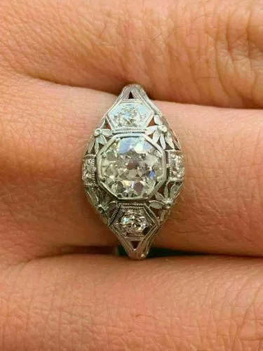 Vintage Art Deco Lab-Created Diamond Filigree Wedding 14K White Gold Filled Ring