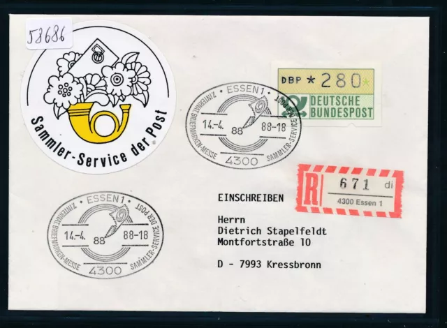 58686) Reco-Brf mit RZ 4300 Essen 1 di, SST Philatelia 1988