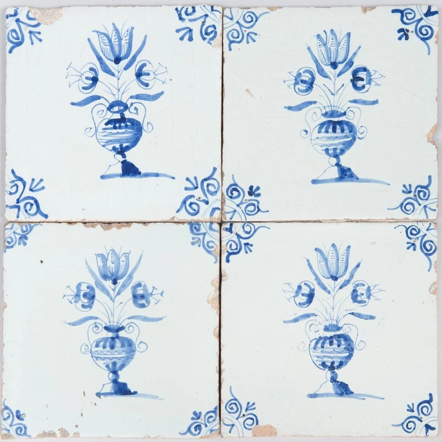 Nice set of 4 Dutch Delft Blue tiles, flowerbasket, 17th century.