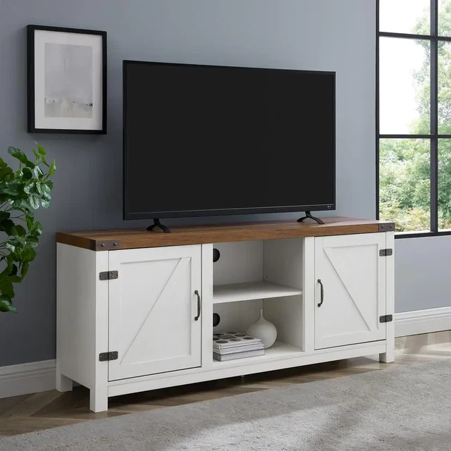 58 inch Rustic Oak Wood TV Stand up to 60 in. with Doors 2 Open Adjustable Shelf