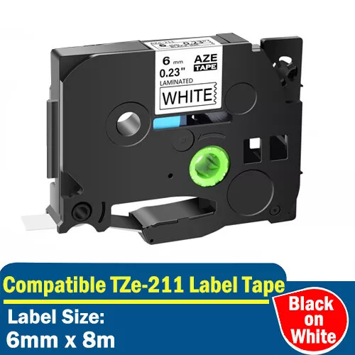 Compatible Label Tapes TZe-211 TZ211 for Brother P-Touch Black on White 6mm x 8m