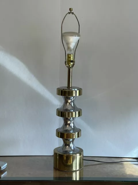 MCM Vintage Mid Century Modern Stacked Chrome & Brass Table Lamp Light 3