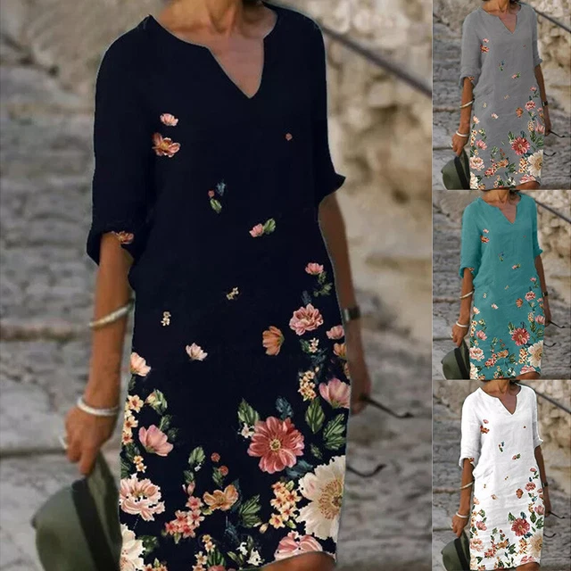 Femme Col V Floral Manches Courtes Midi Robe Décontracté Bouffant Caftan # *