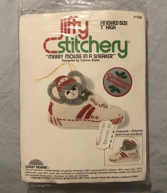 DE COLECCIÓN Jiffy Stitchery Crewel FELIZ RATÓN en ZAPATILLAS Kit de Adorno de Navidad 3D