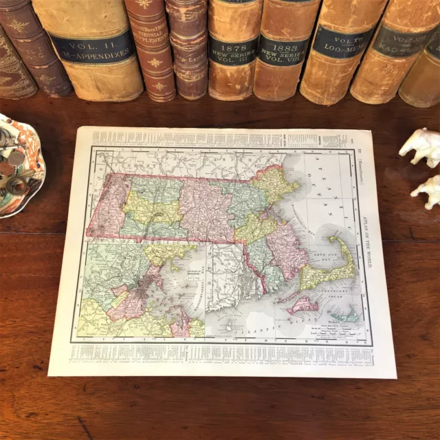 Large Original 1898 Antique Map MASSACHUSETTS Boston Lowell Quincy Lynn Medford