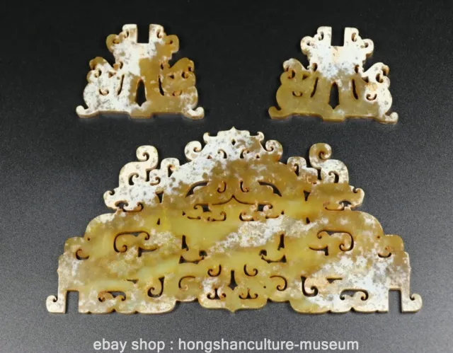 6.8" Chinese Natural Hetian Nephrite Jade Carving Dragon Pixiu Beast Screen 3