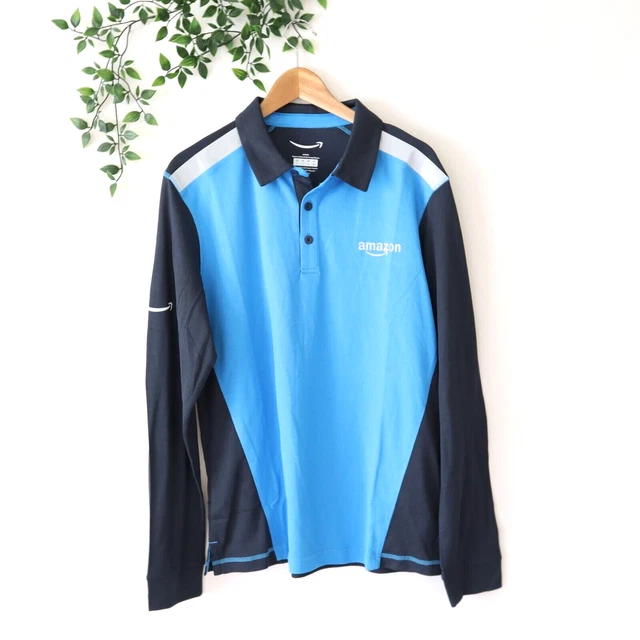 Amazon Men's Active Polo Long Sleeve Blue Company Work Shirt L Delivery Driver