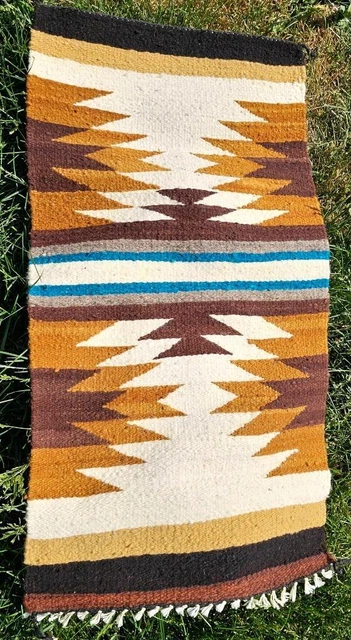 Vtg Fred Harvey Navajo Textile Wool Indian Rug Black Brown Cream by R.Yazzie '79