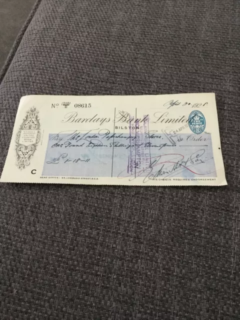 Vintage Barclays Bank Used Cheque 1928 Payable To The London Paperhanging Stores
