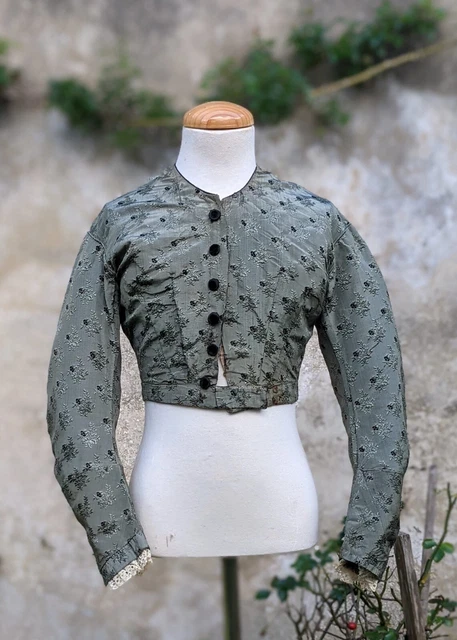 1850’S Mid 19Th Century Brocade Silk Jacket With Velvet Florals And Buttons