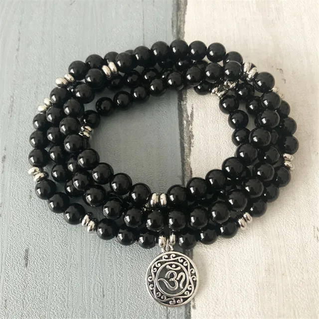 Pendentif 8 mm 108 perles de Bouddha onyx noir argent bracelet guérison bouddhisme énergie 2