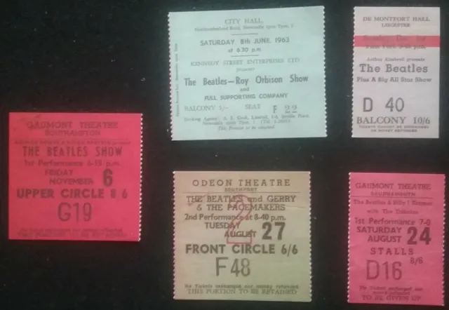 5 ICONIC SMALL THE BEATLES TICKET STUBS ,LIVERPOOL ,ROCK'N ROLL ((Reproduction))