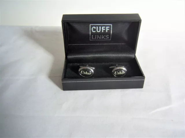 Mens Oval Silvertone, With Black Insert  ' Usher ' Cufflinks Set - Boxed