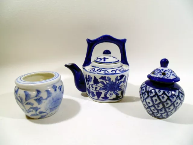 Vintage Blue and White Single serve Teapot, Covered Urn, and Candle