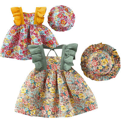 Girls Floral Princess Dress Hat Clothes Outfits Fly Sleeve Baby Kids Tutu Dress