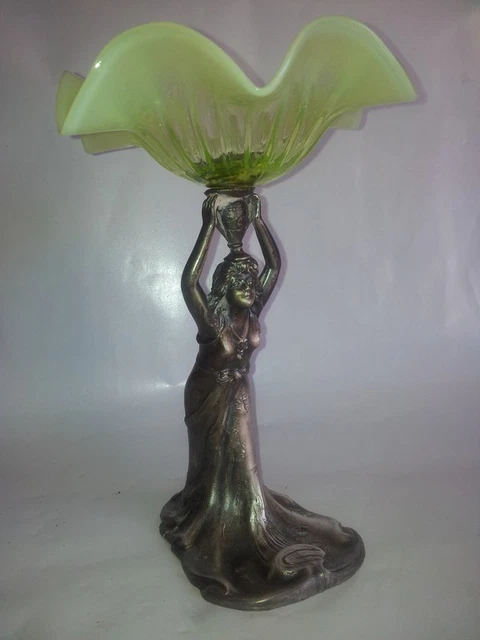 ART NOUVEAU Belle Epoque VIOLETERO ESTAÑO Figura Mujer Cuenco Cristal Siglo XlX